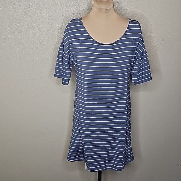 Garnet Hill Small Blue Gray stripe Ruffle Sleeve tee shirt dress - Picture 1 of 7